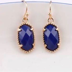 small Gold Royal Blue Oval hexagon faceted geometric Dangle earrings